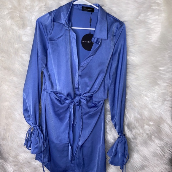 White Fox Blue Tie Detail Satin Dress - Picture 3 of 5